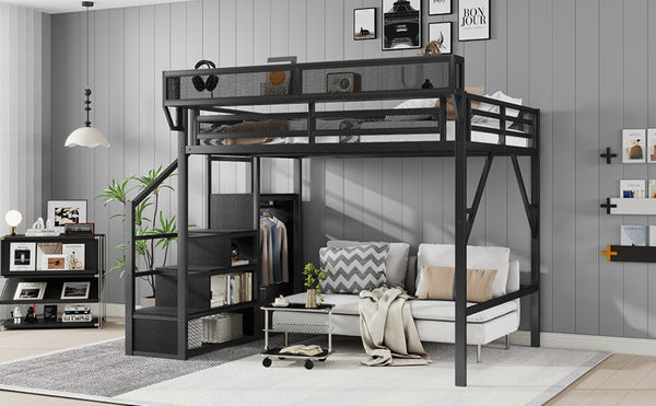 English Elm Full Size Metal Loft Bed with Stair Storage and Built-in Wardrobe for Teens W2580S00089