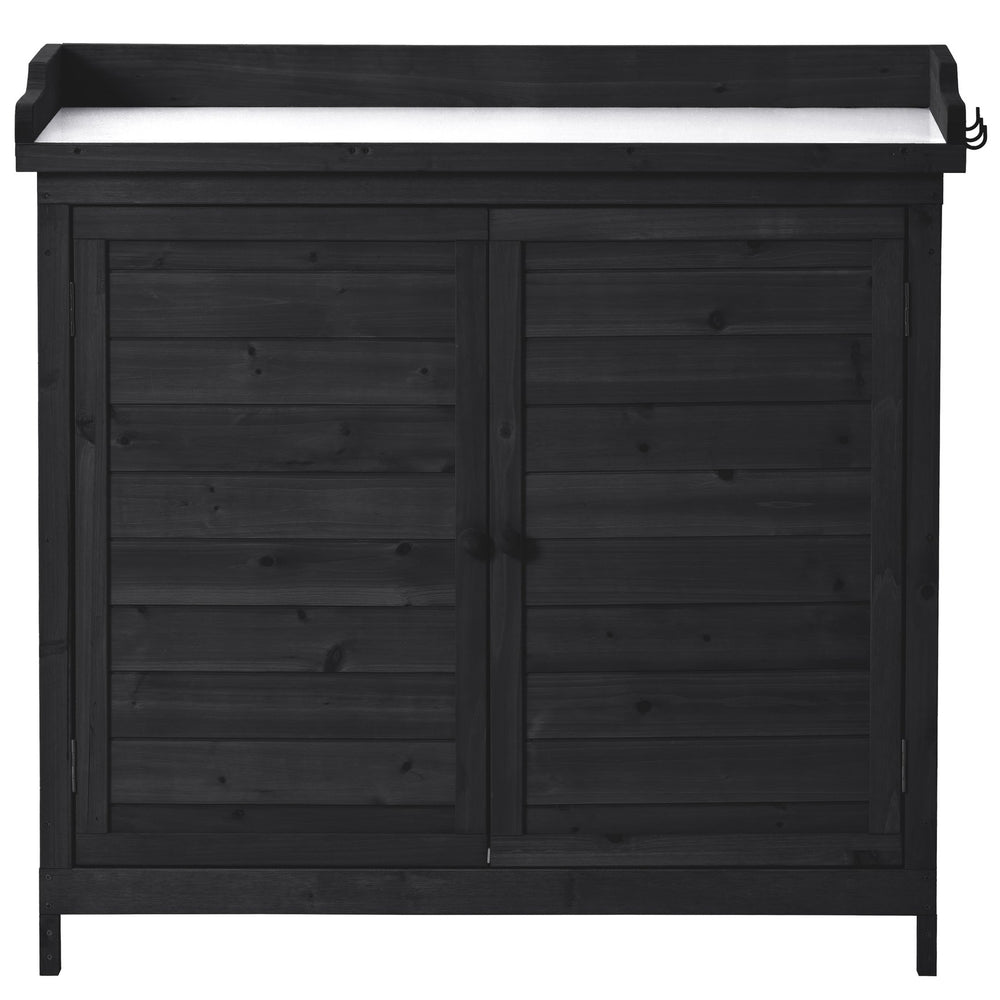 English Elm TOPMAX Rustic Fir Wood Potting Bench 39" with Galvanized Top, 2-Tier Shelves & Side Hooks, Black - Durable Garden Workstation N717P220218B