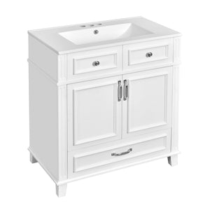 English Elm 30'' Bathroom Vanity with Sink - Retro Solid Wood Frame, Ceramic Basin, Soft-Close Doors & Ample Storage White N710P190656K