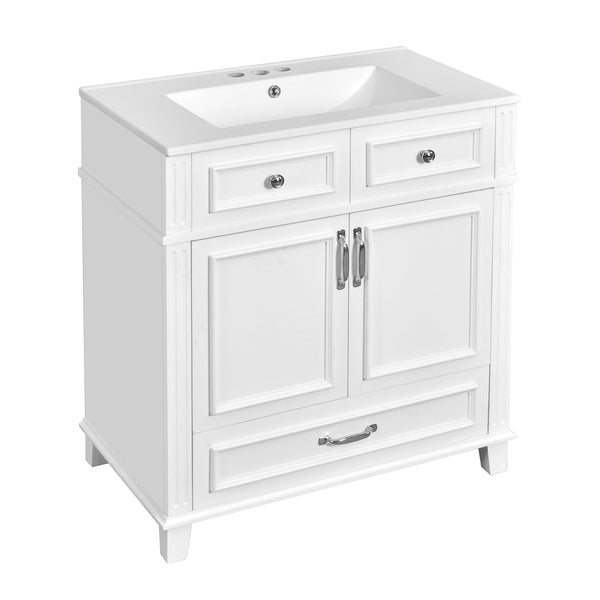 English Elm 30'' Bathroom Vanity with Sink - Retro Solid Wood Frame, Ceramic Basin, Soft-Close Doors & Ample Storage White N710P190656K
