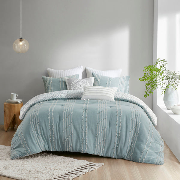 English Elm 3 INK+IVY Kara Cotton Jacquard Comforter Set Full/Queen — Eco OEKO-TEX Stripe & Diamond Reversible Design Aqua 22.44 L x 21.65 W x 13.39 H B03596412