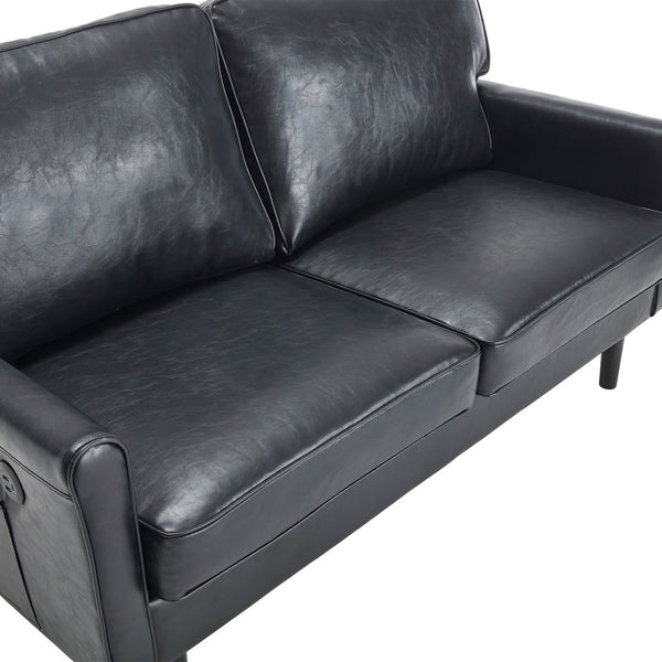 English Elm Loveseat Modern Mid-Century 2-Seater with USB Type-C Charging, Removable Zippered Covers, Sturdy Wood Legs Black PU W395P238820