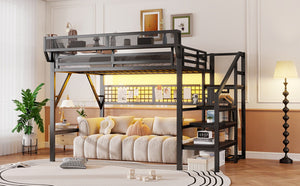 English Elm Queen Metal Loft Bed with Staircase Wardrobe Rgb Lighting Industrial Frame W2580S00067