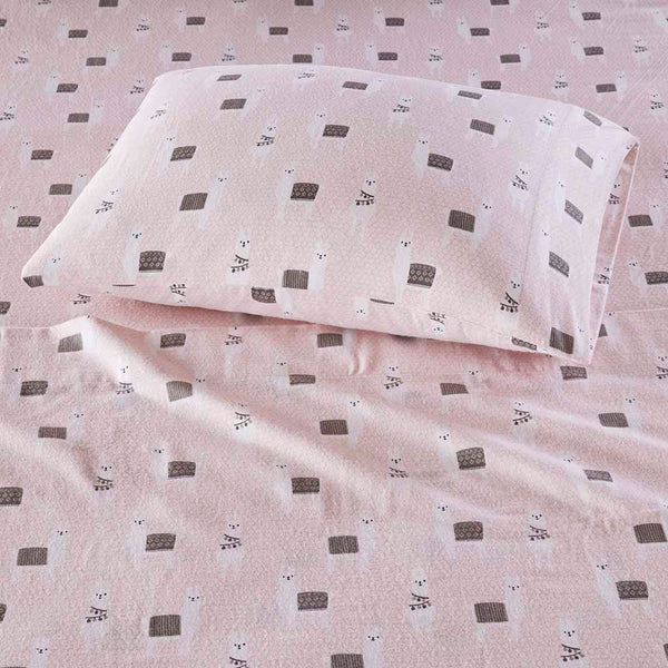 JLA Home Intelligent Design - 100% Cotton flannel sheet set with pigment-dyed vintage color, ultra-soft warmth, breathable comfort Pink Llamas ID20-1535