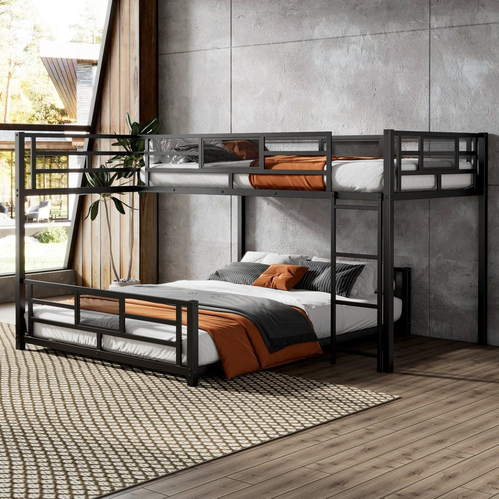 English Elm L-shaped Steel Twin Over Full Bunk Bed Corner Frame with Guardrails for Kids N750P196510B