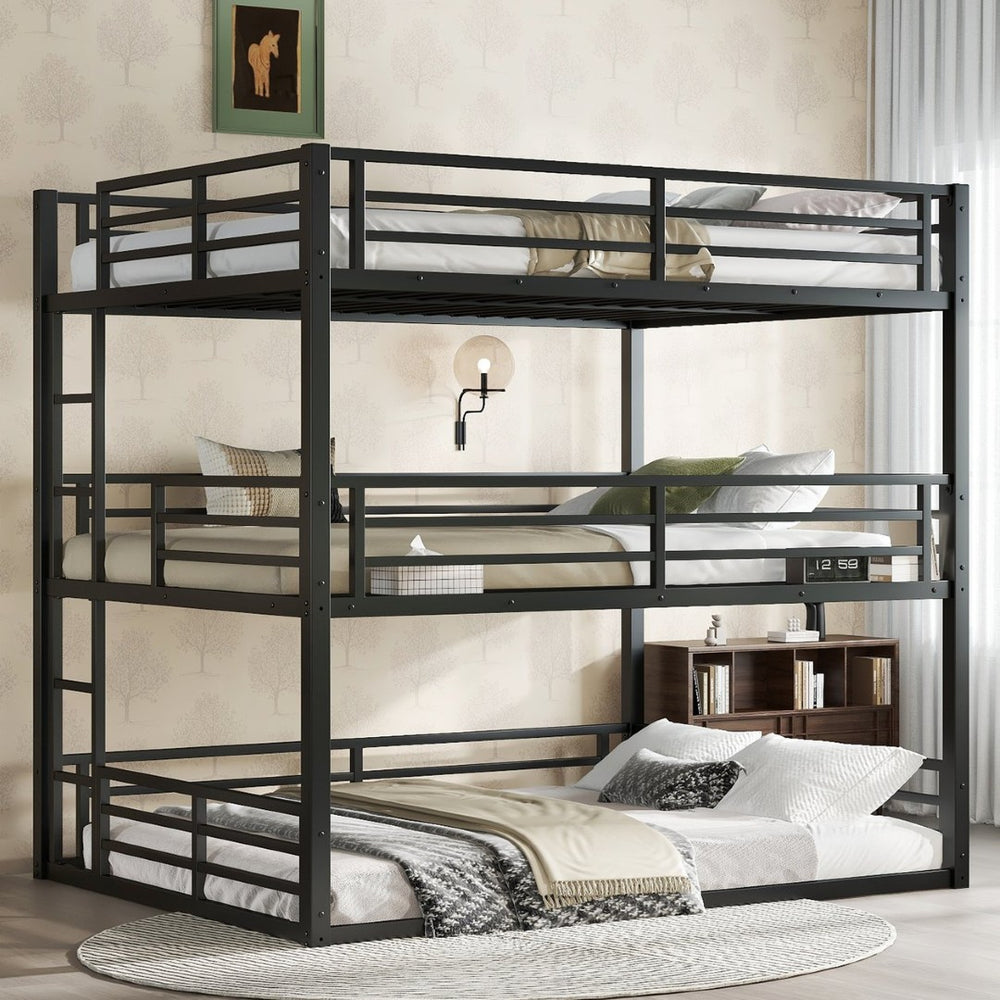 English Elm Queen Metal Triple Bunk Bed - Space-Saving Design With Safety Guardrails & Noise Reduction, Black Finish W1580S00176-GIGA