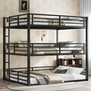 English Elm Queen Metal Triple Bunk Bed - Space-Saving Design With Safety Guardrails & Noise Reduction, Black Finish W1580S00176-GIGA