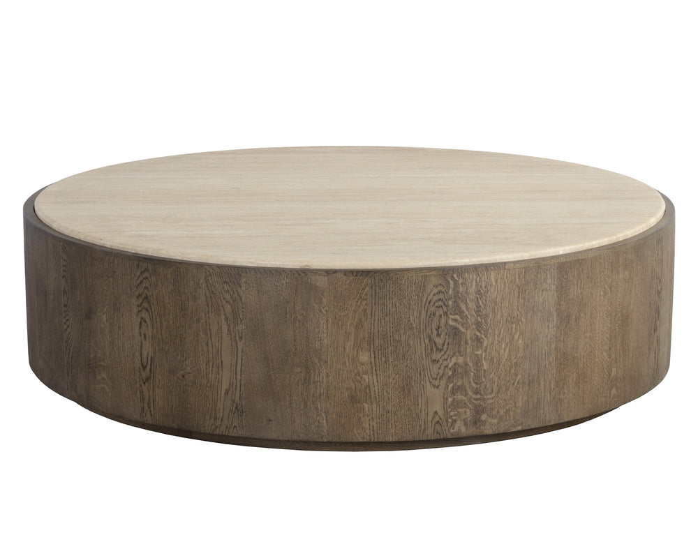 Sunpan Oberon Coffee Table – Handcrafted Round Design with Solid Travertine Top and Oak Veneer Base Large - W x 60D x 17H