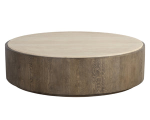Sunpan Oberon Coffee Table – Handcrafted Round Design with Solid Travertine Top and Oak Veneer Base Large - W x 60D x 17H