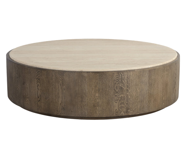 Sunpan Oberon Coffee Table – Handcrafted Round Design with Solid Travertine Top and Oak Veneer Base Large - W x 60D x 17H