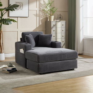 English Elm [New]Corduroy Upholstered Chaise Lounge Sofa with Detachable Cushions, Deep Seat, Cup Holders Grey W2120P322753