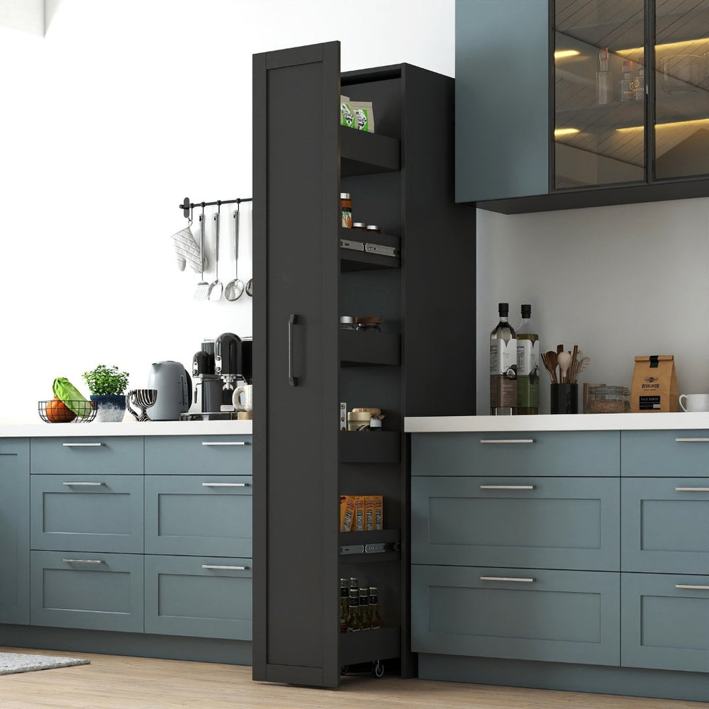 English Elm Black Slim Rolling Kitchen Cart Six Tier Pantry Organizer for Narrow Spaces W331P372820
