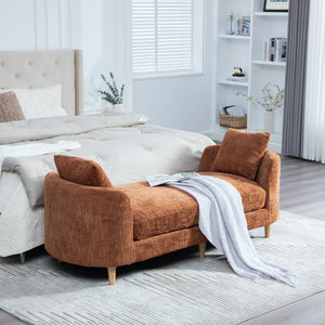 English Elm 77.17" Chenille Chaise Bench with Bolster Pillows Rubberwood Base for Bedroom Lounge W3189S00041