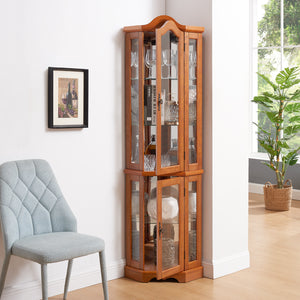 English Elm Lighted Corner Curio Cabinet With Adjustable Shelves & Tempered Glass - Elegant Oak Display Piece W1758P300132