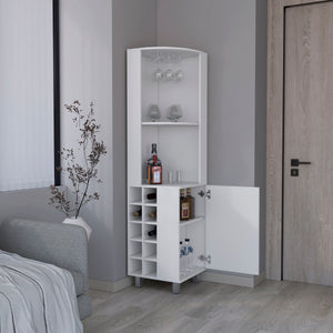 English Elm Corner Bar Cabinet with Ten Built-In Wine Slots, Cup Rack & Spacious Top Shelf for Entertaining White 44.88 L x 22.05 W x 4.72 H B097S00191