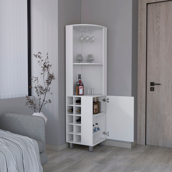 English Elm Corner Bar Cabinet with Ten Built-In Wine Slots, Cup Rack & Spacious Top Shelf for Entertaining White 44.88 L x 22.05 W x 4.72 H B097S00191