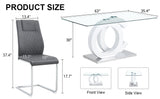 English Elm 1 Table and 4 Chairs Set.63"X35.4 Rectangular Transprant Tempered Glass Dining Tabletop With White Mdf Oc Shaped Bracket.Paried With 4 Dark Gray High-Quality Pu Chairs With Silver Metal Legs.