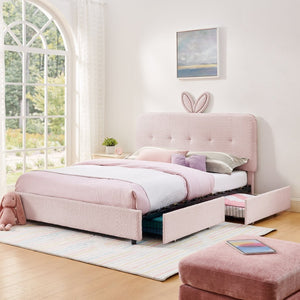 English Elm Queen Boucle Upholstered Kids Bed with Rabbit Ear Headboard Led Lighting Storage Drawers Pink W1413P384926