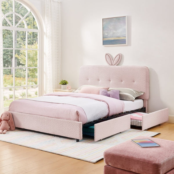 English Elm Queen Boucle Upholstered Kids Bed with Rabbit Ear Headboard Led Lighting Storage Drawers Pink W1413P384926