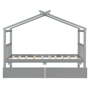 English Elm Twin House Bed Solid Pine Kids Cottage Frame with Storage Drawers Imaginative Room Gray N708P309245E