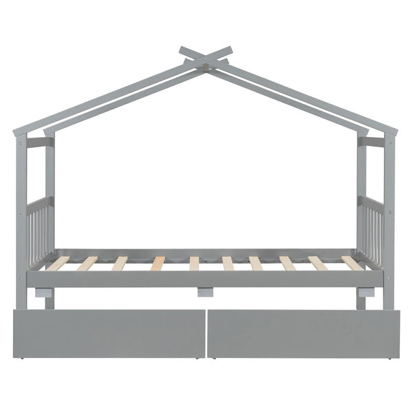 English Elm Twin House Bed Solid Pine Kids Cottage Frame with Storage Drawers Imaginative Room Gray N708P309245E