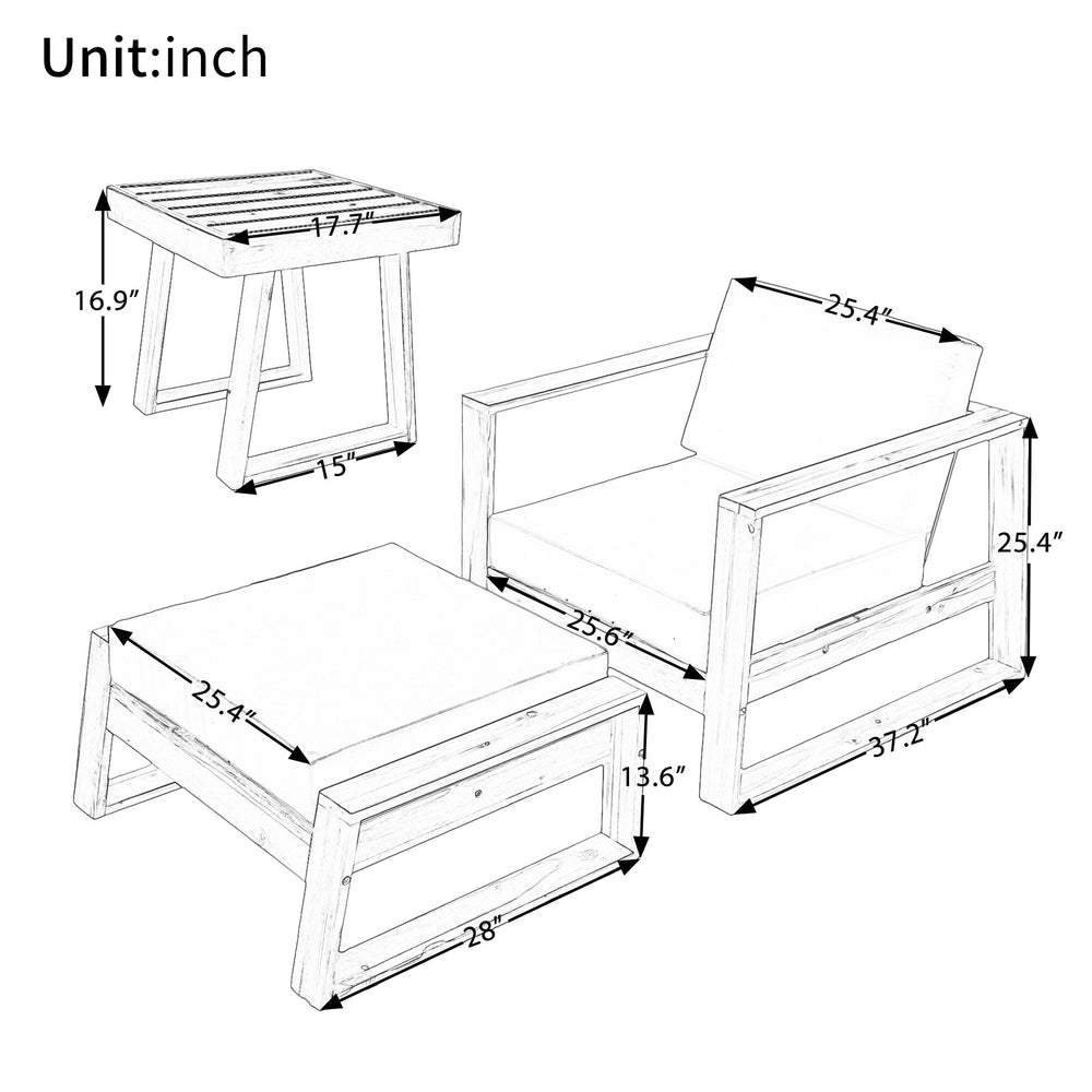English Elm U_STYLE Acacia Wood Outdoor Lounge Set with Removable Cushions, All-Weather Chaise for Patios Gardens Natural+Grey WY000431AAE