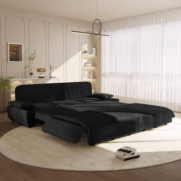 English Elm 94.5" King Convertible Sleeper Sofa Corduroy Upholstered Chaise Lounge Guest Room Bed Black W1885S00404