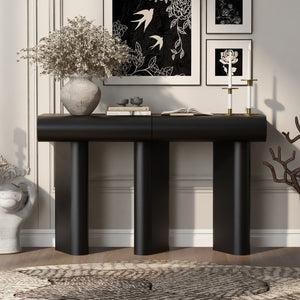 English Elm U_Style 47.6" Modern High-Gloss Entryway Table with Curved Drawers, Geometric Legs & Storage Black N711P285757B