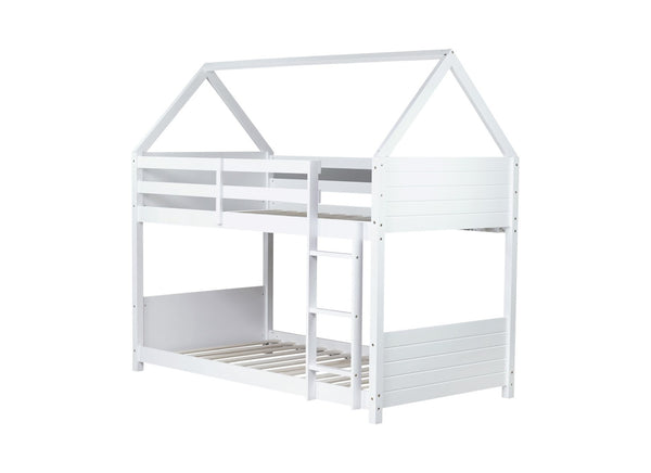 English Elm Twin House-Style Twin Bunk Bed With Safety Guardrails, Ladder & Play Space – White Rubberwood Design W504P227972-GIGA