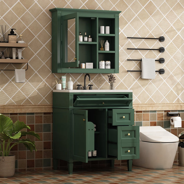 English Elm 30'' Bathroom Vanity Set With Mirror, Modern Freestanding Storage, 2 Drawers & Tip-Out Organizer SW000127AAF-3