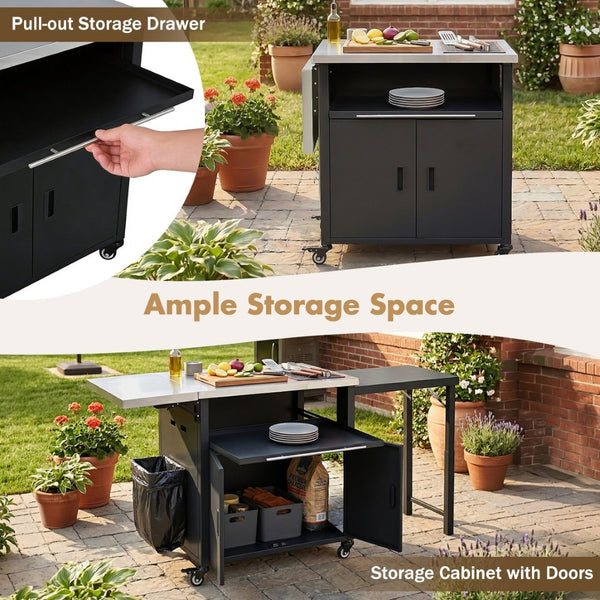 English Elm Outdoor Bbq Prep Cart Rolling Stainless Steel Grill Station with Foldable Work Surface Black N719P407404B