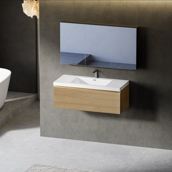 English Elm 36'' Floating Vanity Fluted Front Smoked Walnut Soft Close Drawer Quartz Basin W1920P385445
