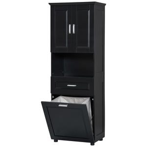 English Elm Tall Bathroom Cabinet with Tilt-Out Laundry Hamper, Adjustable Shelves, Anti-Tip Design & Large Storage Black WF323481AAB