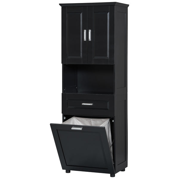 English Elm Tall Bathroom Cabinet with Tilt-Out Laundry Hamper, Adjustable Shelves, Anti-Tip Design & Large Storage Black WF323481AAB
