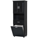 English Elm Tall Bathroom Cabinet With Laundry Basket, Large Storage Space Tilt-Out Laundry Hamper and Upper Storage Cabinet, Black