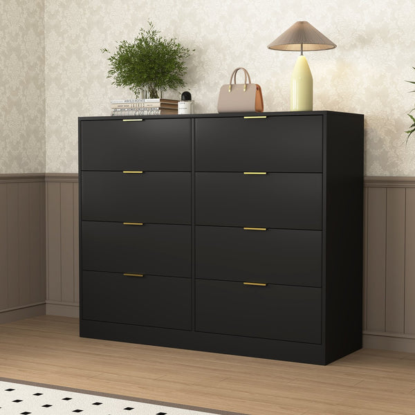 English Elm 8 Dresser with 8 Drawers Tall Chest for Bedroom — Spacious, Sturdy Particleboard Storage, Anti-Tip Design and Smooth Glides Black W409P307592