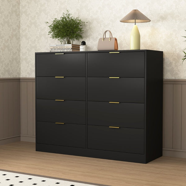 English Elm 8 Drawer Tall Chest Slim Particleboard Build Smooth Gliding Storage for Bedroom Closet Black W409S00027