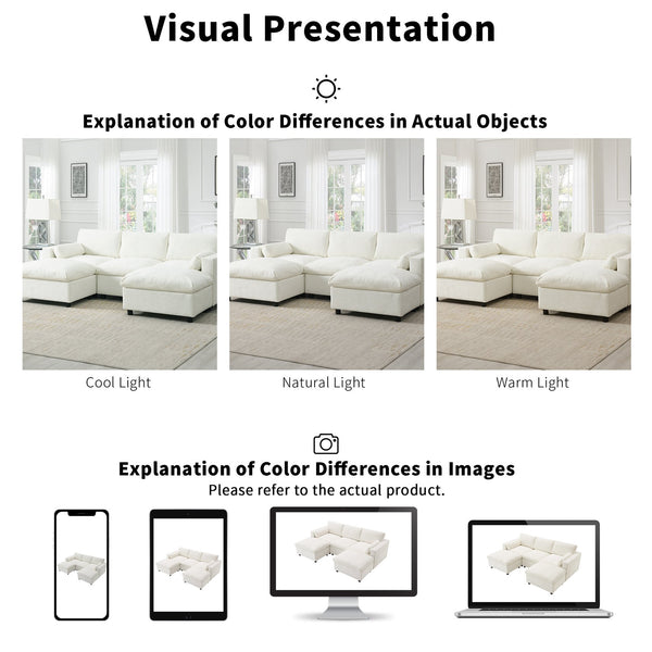 English Elm 86.5'' Chenille Modular Sectional Sofa with Storage Pockets, 5-Seat U-Shaped Cloud Sofa with Ottomans & Pillows White N723S8723A