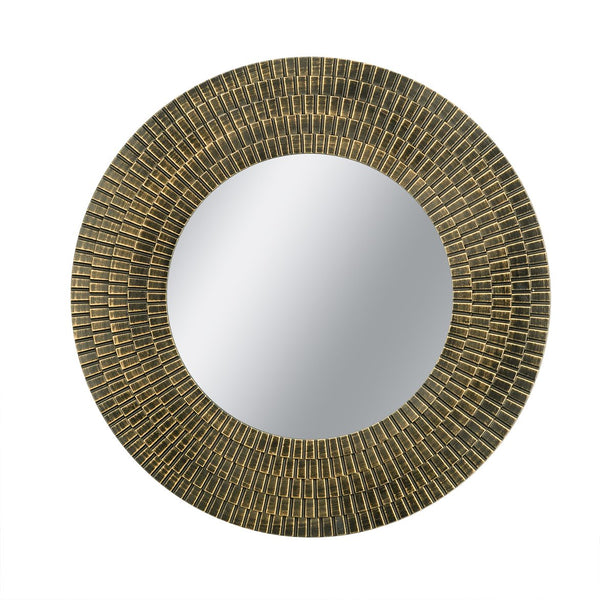 English Elm D29.5" Sculptural Round Gold & Black Woven-Texture Wooden Accent Mirror — Elegant Wall Focal Piece, 33" Diameter W2078P404502