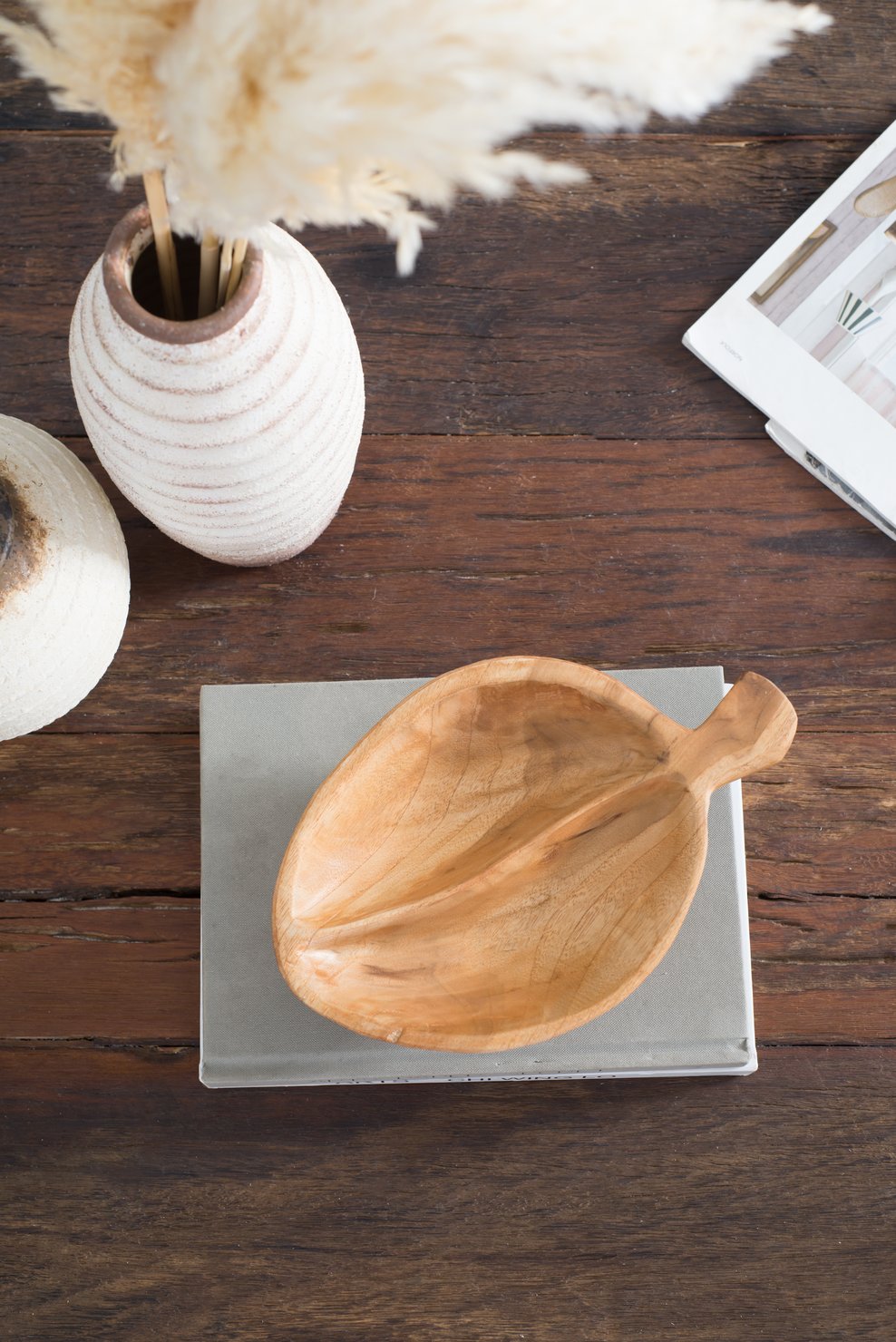 English Elm 9.1x5.9x2.8" Teak Wood Decorative Bowl with Handle — Handcrafted Natural Brown, Carved Underside Accent, Versatile Home Decor W2078P391136