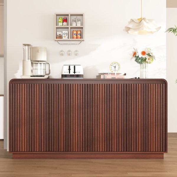 English Elm Black Fluted Wave Door Media Console with Built-in Power Outlet and Adjustable Shelving Walnut W409P452058