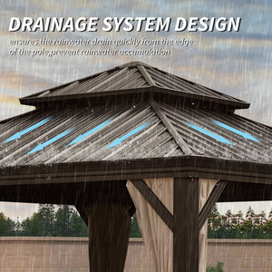 English Elm 12' X 12' Hardtop Gazebo with Drainage System, Dual-Layer Galvanized Roof, Curtains & Mosquito Netting Brown W1859S00138