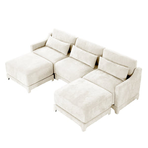 English Elm Three-Seater Sofa Set With Movable Ottomans & Lumbar Pillow - Elegant Chenille For Living Rooms W714S01198-GIGA