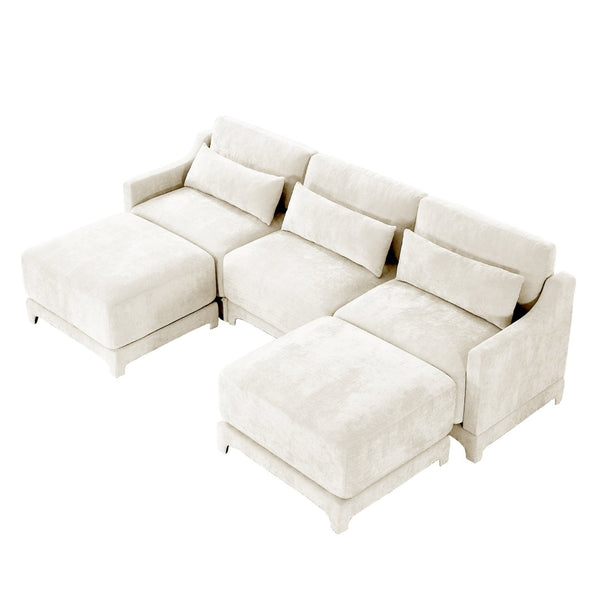 English Elm Three-Seater Sofa Set With Movable Ottomans & Lumbar Pillow - Elegant Chenille For Living Rooms W714S01198-GIGA