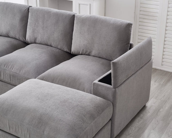 English Elm 122"l Corduroy Sectional with Dual Ottomans Modular U-shape Sofa for Modern Living Gray W1669S00044