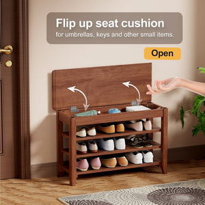 English Elm Adjustable Solid Rubberwood Storage Bench with Hidden Compartment for Entryway or Bedroom W2987P337970