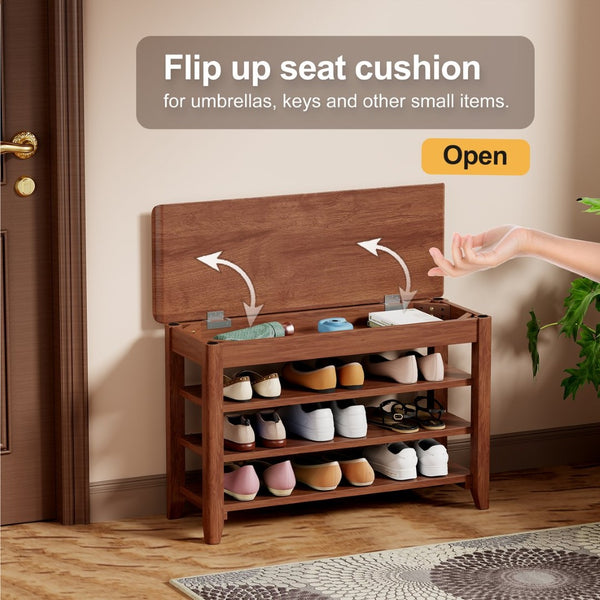 English Elm Adjustable Solid Rubberwood Storage Bench with Hidden Compartment for Entryway or Bedroom W2987P337970
