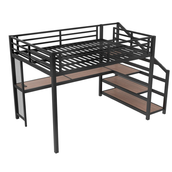English Elm Queen Loft Bed With Desk, Storage Stairs, Led Lights & Usb Ports – Perfect For Modern Living Spaces! W1580S00477-GIGA