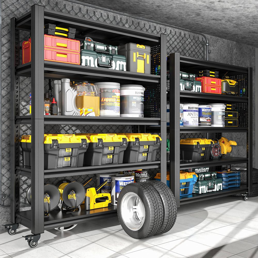 English Elm 78"H Heavy Duty 5-Tier Metal Shelving 400lb/shelf, Pegboard Panels & Locking Wheels, Adjustable Storage Organizer for Garage Warehouse Pantry Workshop (47.2"W) T2398P313255