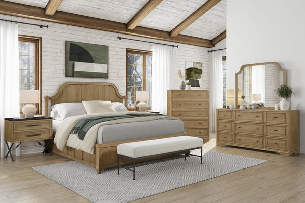English Elm Queen Upholstered Headboard Bed Walnut Veneer Frame Transitional Bedroom Furniture B2699S00116